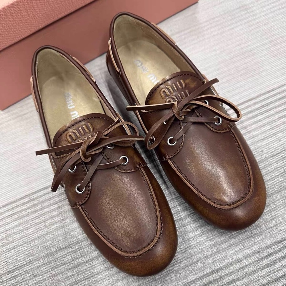 Miu Miu Brown Leather Lace-Up Moccasin Flats